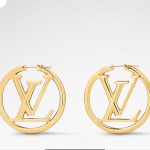 Louis Vuitton “Louise Hoop GM” Gold Logo Hoop Earrings